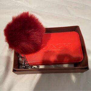 Coach Orange Leather Bar Charm with Fluffy Pom Pom